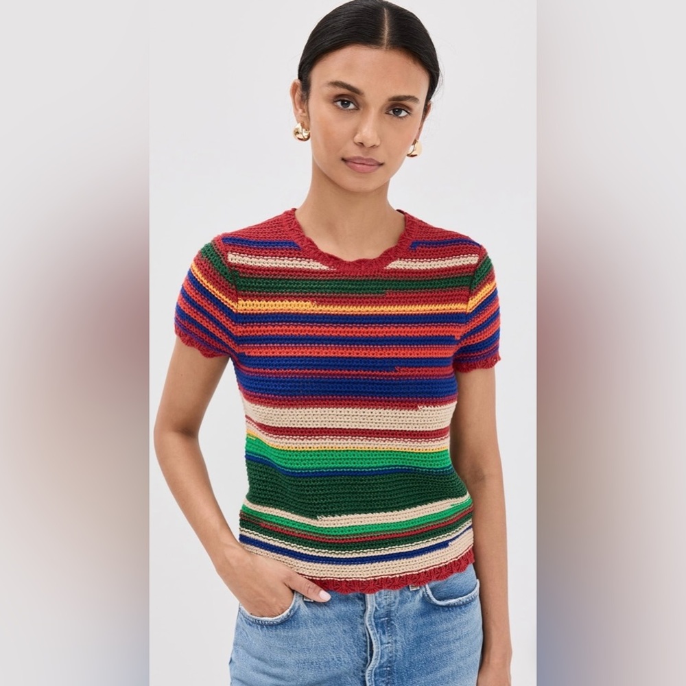 New Polo Ralph Lauren striped crochet cotton/linen blend short sleeve sweater